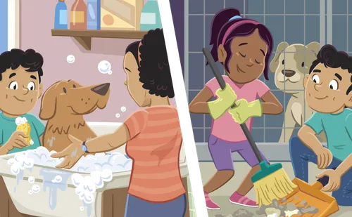 Family bathing a dog and sweeping floors