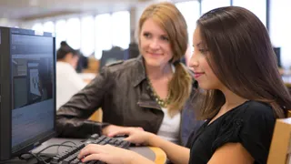 A series of images showing mentors talking to individuals, groups of people talking together, training on the computer, working on a forklift in the warehouse, working in D.I., working on a computer and answering phones and graduating from college.