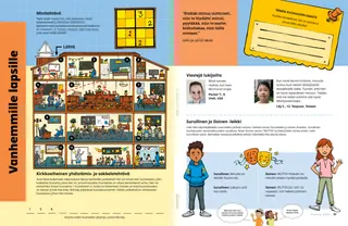 PDF-sivu, jossa on sokkelotehtävä kirkkorakennuksen eri huoneista, numerotehtävä sekä poika ja tyttö surullisin ja iloisin kasvoin