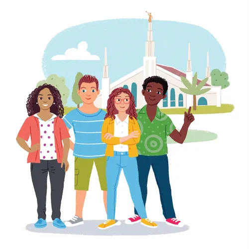 youth in front of a temple