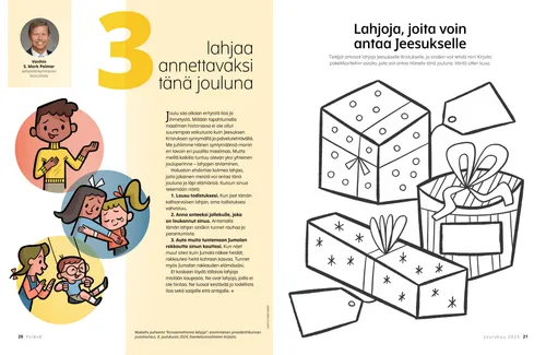 PDF-sivu, jonka kuvissa lapset ovat ystävällisiä, lisäksi tehtävä, jossa väritetään joululahjoja