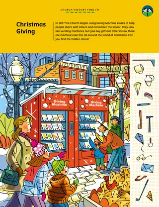 Page PDF of hidden picture activity showing people at Giving Machines at Christmastime