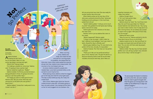 Story PDF of a girl with a checklist, with her mother, and kneeling in prayer