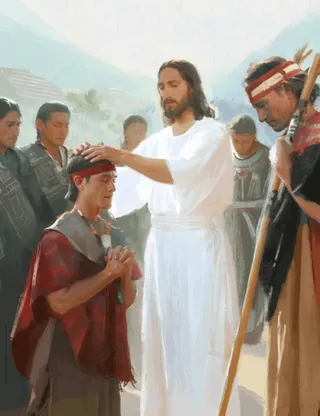 Jeesus Kristus panee kätensä nefiläisten opetuslastensa pään päälle