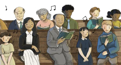 People sitting in church pews singing a hymn