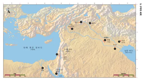 구약전서에서 주요 사건이 일어난 장소가 표시된 지도