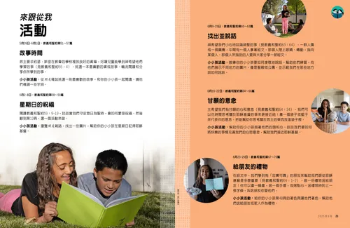 兩個小孩把朋友雜誌和其他物品放進籃子裡