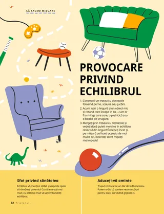 Pagină PDF cu o lingură în care se află o bilă mică și un traseu printre obstacole formate din mobilier.