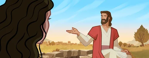 Jesus teaching the woman about the gospel.