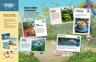 Pagina PDF con sfondo che mostra una montagna, una foresta tropicale e un fiume con delfini rosa