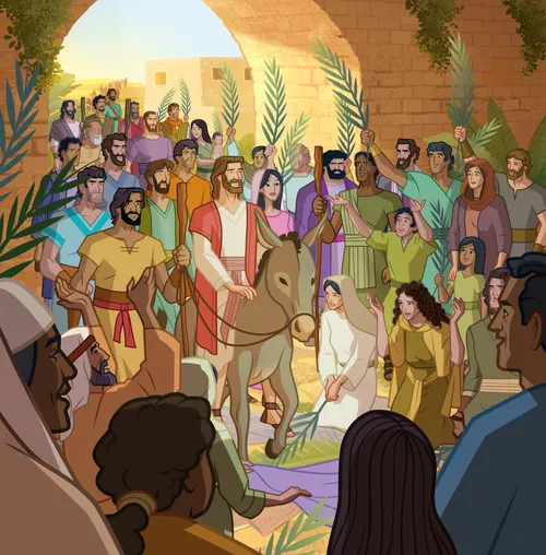Jesus enters Jerusalem.