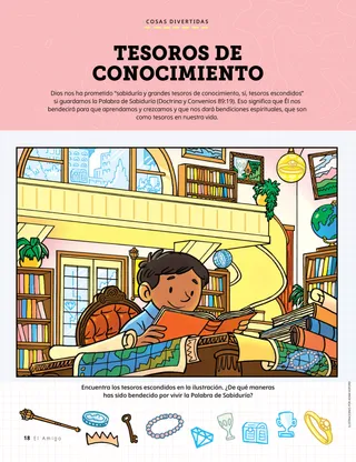 Página en PDF de una actividad de búsqueda con un niño leyendo un libro en una biblioteca