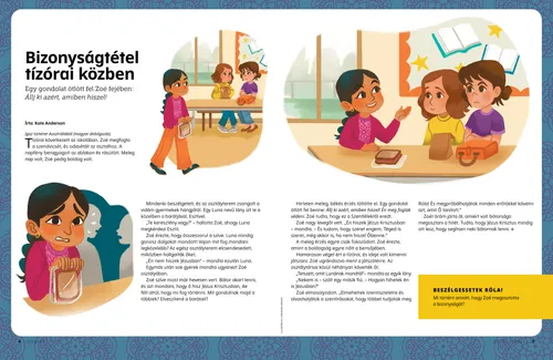 PDF-történet egy, az ebédnél ijedtnek tűnő lányról, aki aztán két másik lánnyal beszélget az asztalnál