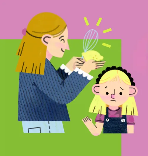 Illustration of girl and mom, who is holding up a lemon and a whisk