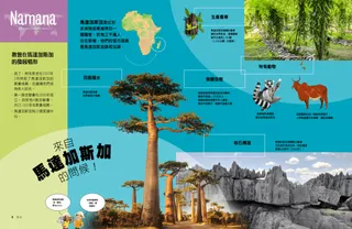 頁面PDF，附有小版非洲地圖，以及猴麵包樹、岩石構造、香草植物、一隻狐猴和一隻瘤牛的圖片