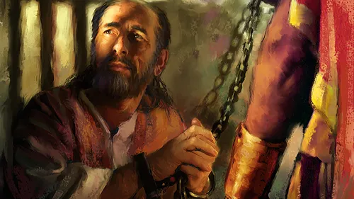 the Apostle Paul in chains, kneeling in a Roman prison