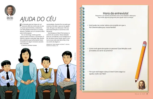 Página em PDF de uma família sentada na igreja; além de uma atividade de entrevista de história da família