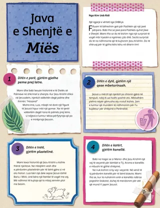 Historia në PDF me faqe ditari, skica të vogla dhe një figurë e Jezu Krishtit