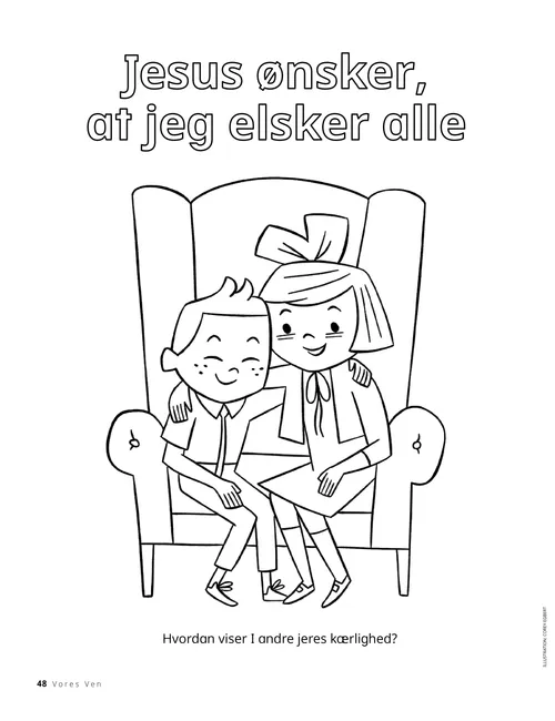 PDF af farvelægningsside af en pige og en dreng, der sidder i en stor stol med armene om hinandens skuldre