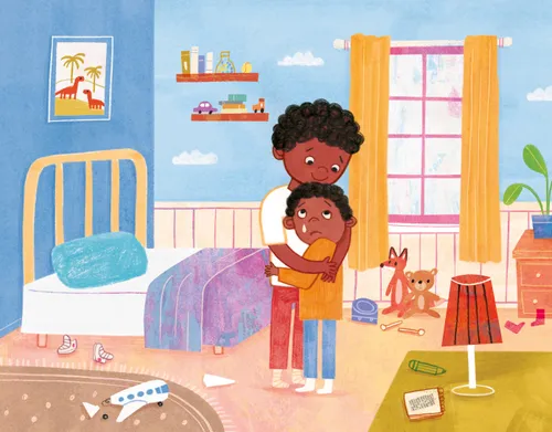 Image of two brothers hugging in a bedroom