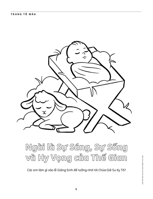Trang tô màu PDF hài đồng Giê Su trong máng cỏ và một con chiên con