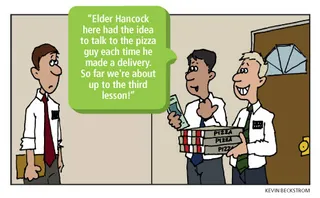 three missionaries, one holding pizza boxes