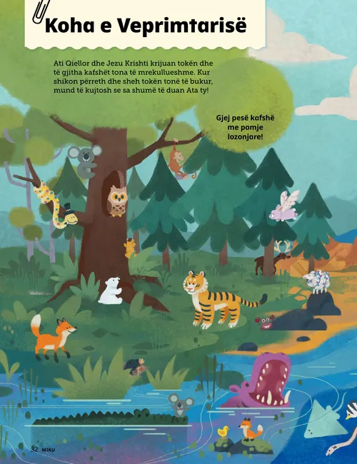 Faqe në formatin PDF që tregon një peizazh natyre me shumë kafshë