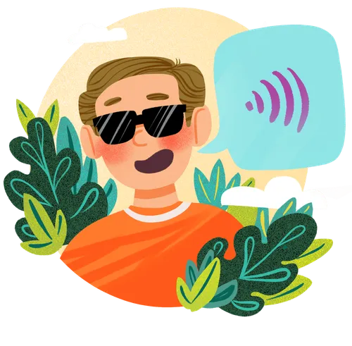 Boy with sunglasses talking with a speech bubble showing sound waves