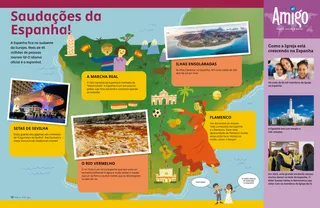 Ilustração de um mapa da Espanha mostrando pontos turísticos, um violão, uma dançarina de flamenco e um templo