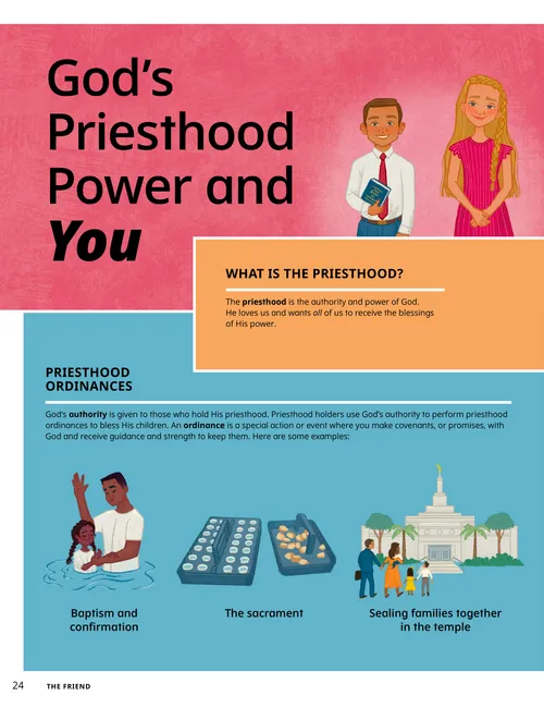 Page PDF with illustrations of smiling people, a man baptizing a girl, sacrament trays, temples, and Jesus Christ