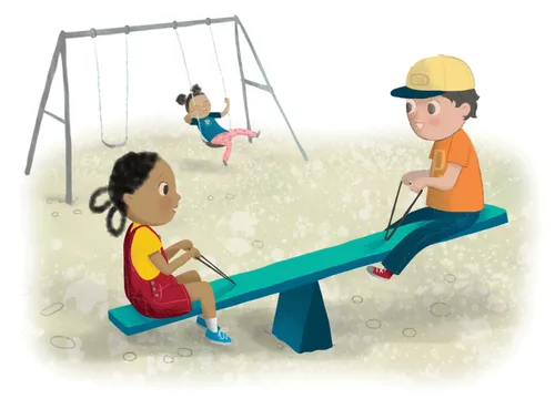 Children playing on swings and a seesaw