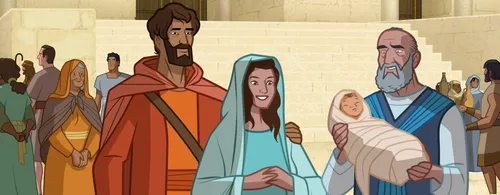 Simeon holding the baby Jesus.