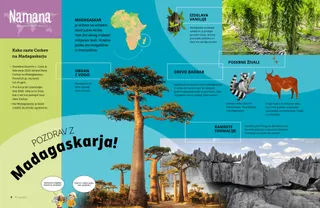 Stran PDF z majhnim zemljevidom Afrike in slikami baobabov, skalnih formacij, vanilij, lemurja in zebuja