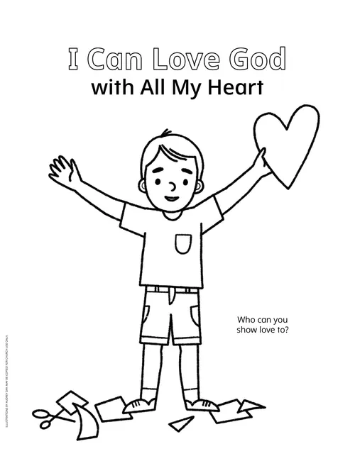 Coloring page PDF of a boy with his arms out holding a paper heart