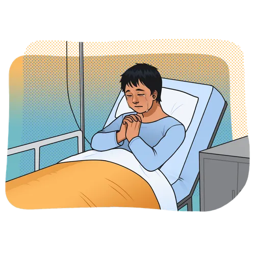 young man praying in hospital