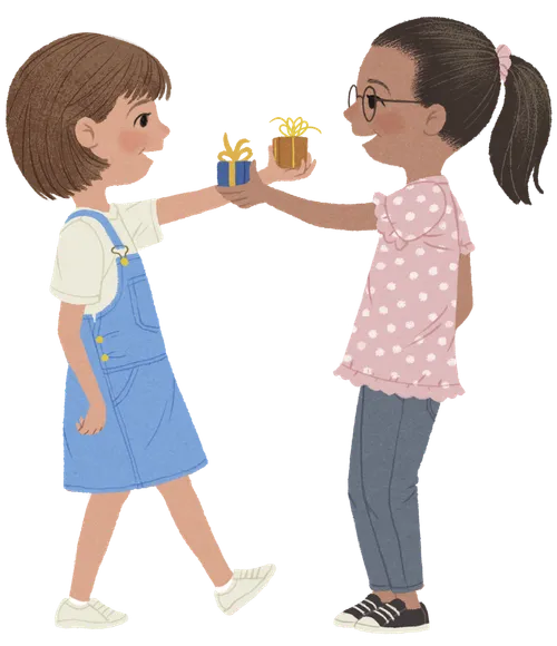 Two girls giving each other small gifts