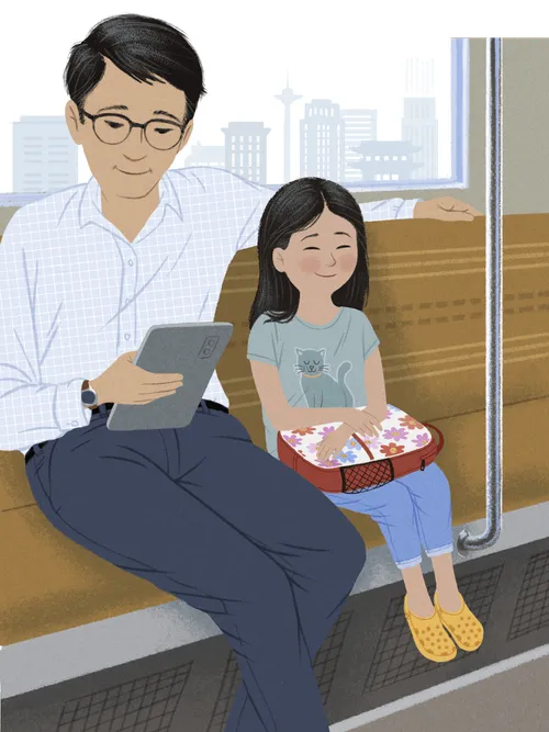 Girl and man sitting peacefully togeter on public transit