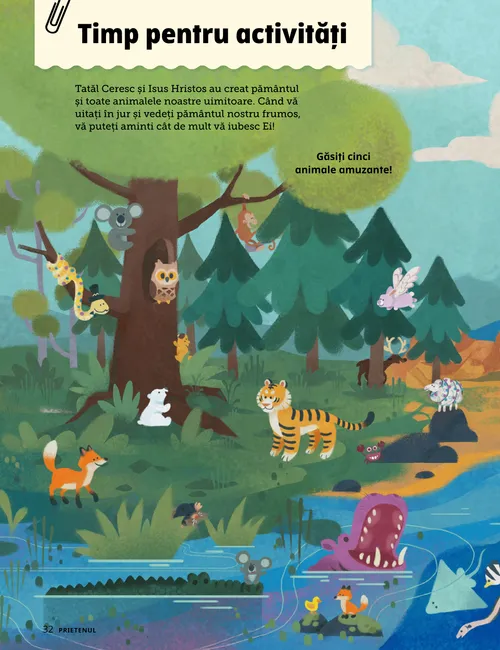 Pagina PDF arătând o scenă din natură cu multe animale.