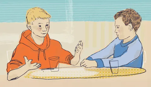 Illustration of two boys sitting at a table and talking