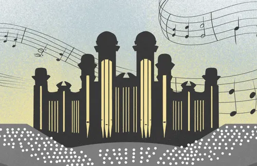illustration of Tabernacle Choir with organ pipes in background
