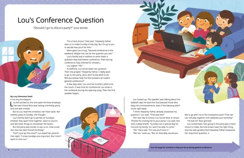 Illustrations of a girl looking at an invitation, praying next to her bed, watching general conference on a laptop computer with her family, and talking with her friend