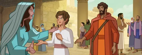 Mary and Joseph talking to Jesus in the temple.