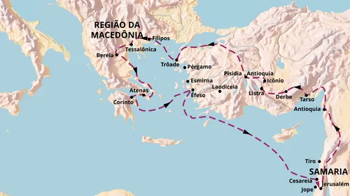 Mapa mostrando os locais da segunda missão de Paulo