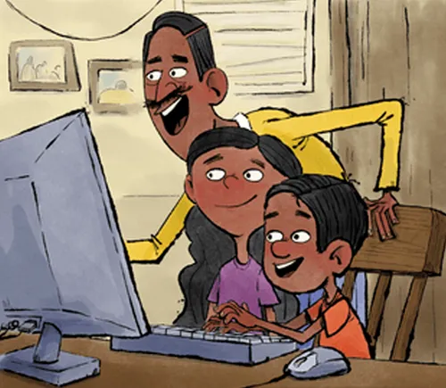 A boy with his sister and father looking at a computer