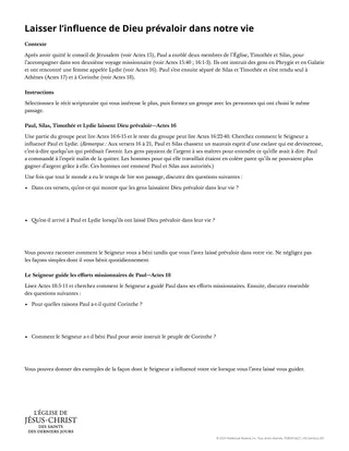 Document à distribuer : Laisser l’influence de Dieu prévaloir dans notre vie