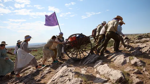 Youth from the Hooper Utah Pioneer Trail Stake of The Church of Jesus Christ of Latter-day Saints pull handcarts as they ascend Rocky Ridge, a landmark along the Wyoming Mormon Trail near Lander, Wyoming, on Wednesday, July 9, 2025. Hooper Utah Pioneer Trail Stake Trek on the Wyoming Mormon Trail July 7-9, 2025.