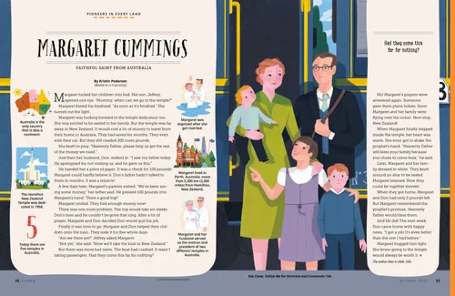 Page PDF with illustration of a family next to a train car, plus images of a temple, a map of Australia, and a woman being baptized