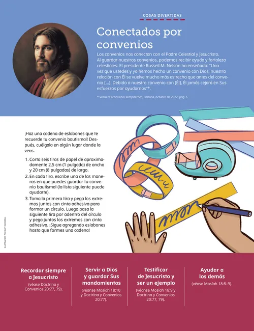 Página PDF con una ilustración de Jesucristo y una ilustración de manos escribiendo en tiras de papel