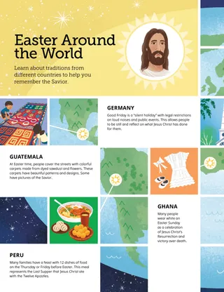 Page PDF with an illustration of a globe and Easter symbols from around the world