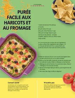 Page au format PDF dʼun bol de chips tortilla, un plat de purée de haricots et des tomates